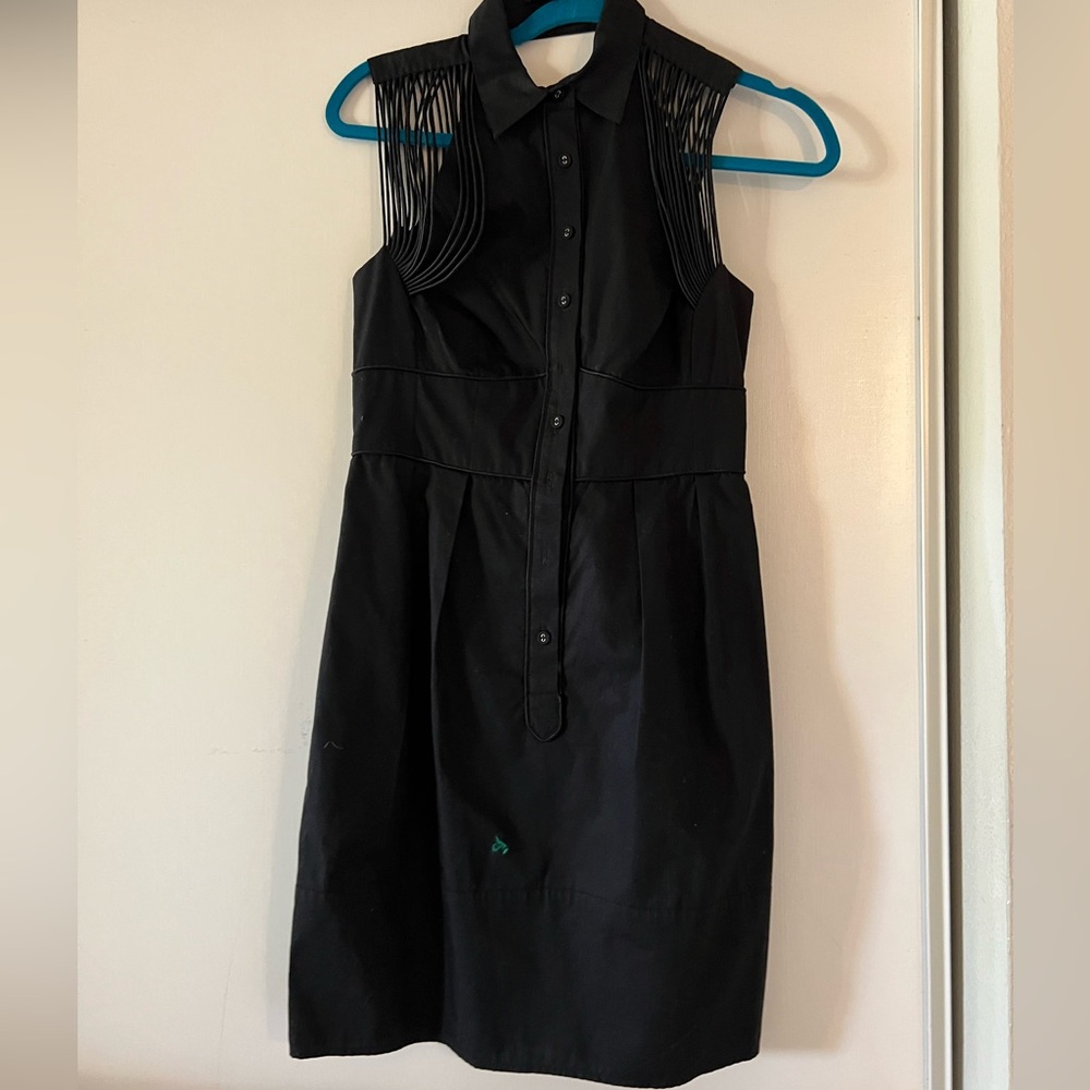 Black Sleeveless Button-Up Top with Fringe Shoulder Detail